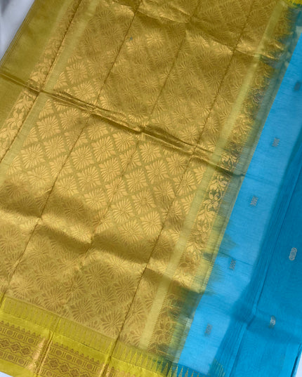 Two Side Border Gadwal Handloom Cotton Saree with Sky Blue Colour & Rich Pallu