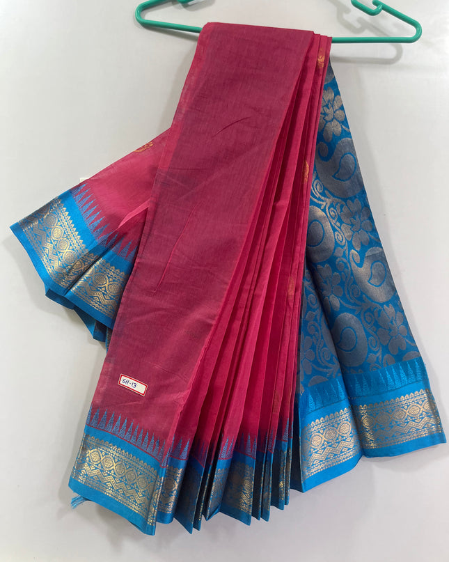 Two Side Border Gadwal Handloom Cotton Saree with Pink Colour & Rich Pallu
