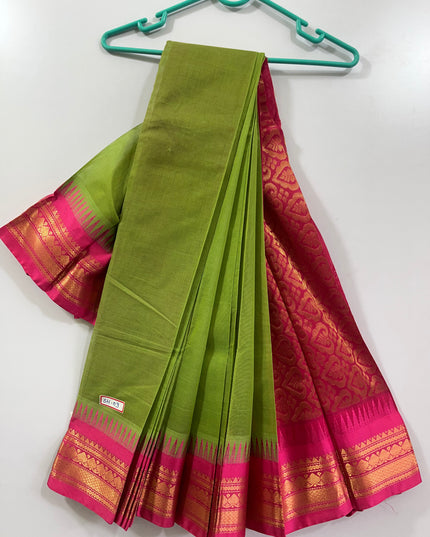 Two Side Border Gadwal Handloom Cotton Saree with Green & Pink border Rich Pallu