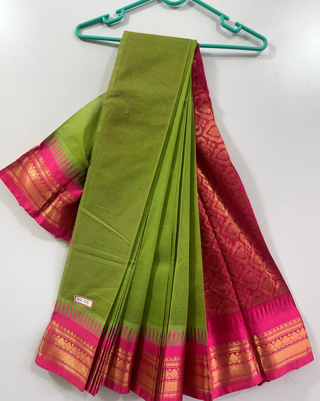 Two Side Border Gadwal Handloom Cotton Saree with Green & Pink border Rich Pallu