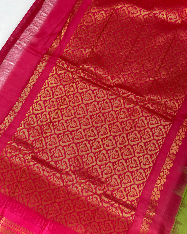 Two Side Border Gadwal Handloom Cotton Saree with Green & Pink border Rich Pallu