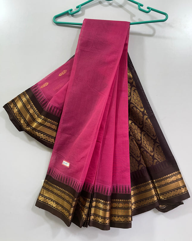 Two Side Border Gadwal Handloom Cotton Saree with Pink Colour & Chocolate Border Rich Pallu