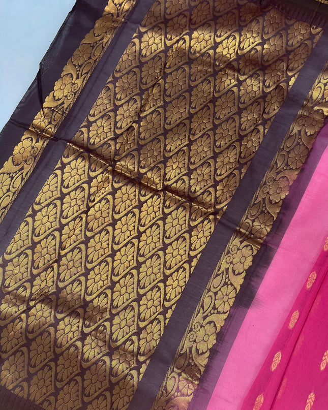 Two Side Border Gadwal Handloom Cotton Saree with Pink Colour & Chocolate Border Rich Pallu