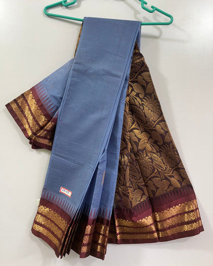 Two Side Border Gadwal Handloom Cotton Saree with Gray Colour & Chocolate Border Rich Pallu