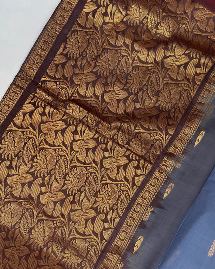 Two Side Border Gadwal Handloom Cotton Saree with Gray Colour & Chocolate Border Rich Pallu