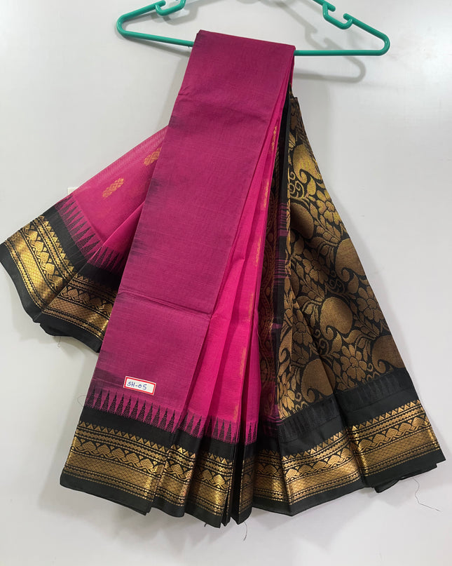 Two Side Border Gadwal Handloom Cotton Saree with Pink Colour & Chocolate Colour Rich Pallu