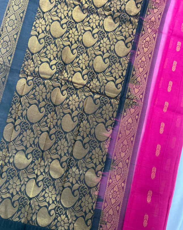Two Side Border Gadwal Handloom Cotton Saree with Pink Colour & Chocolate Colour Rich Pallu