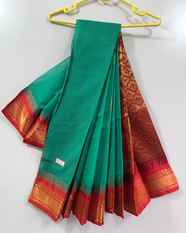 Two Side Border Gadwal Handloom Cotton Saree with Emrold Green Colour & Rich Pallu