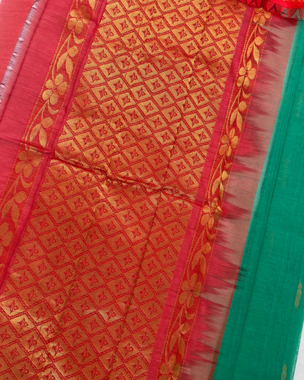 Two Side Border Gadwal Handloom Cotton Saree with Emrold Green Colour & Rich Pallu