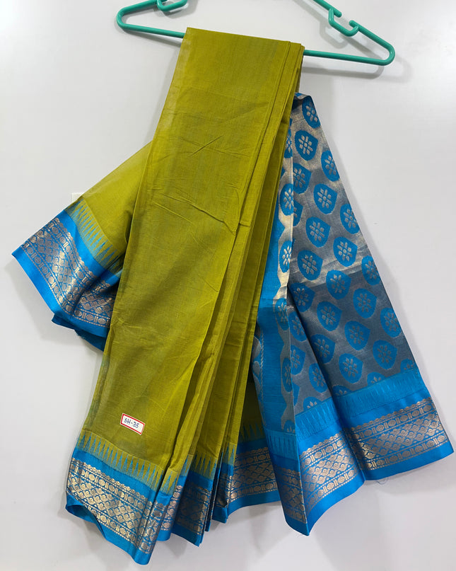 Two Side Border Gadwal Handloom Cotton Saree with Green Colour & Rich Pallu