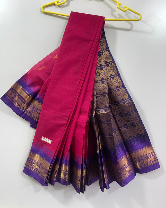 Two Side Border Gadwal Handloom Cotton Saree with Pink Colour Blue border & Rich Pallu