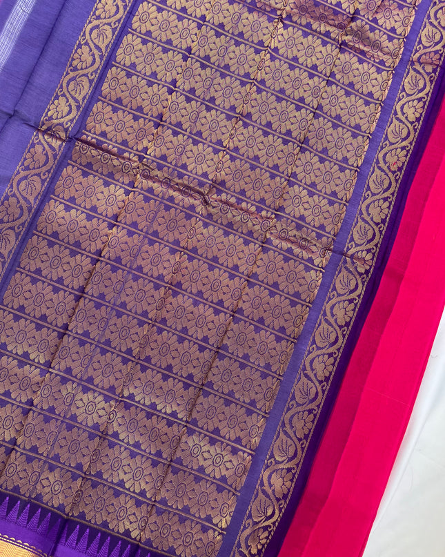 Two Side Border Gadwal Handloom Cotton Saree with Pink Colour Blue border & Rich Pallu