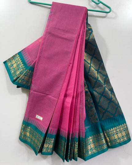 Two Side Border Gadwal Handloom Cotton Saree with Komali Pink Colour & Rich Pallu