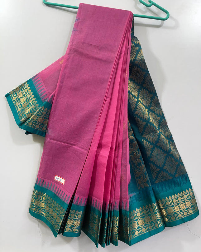 Two Side Border Gadwal Handloom Cotton Saree with Komali Pink Colour & Rich Pallu