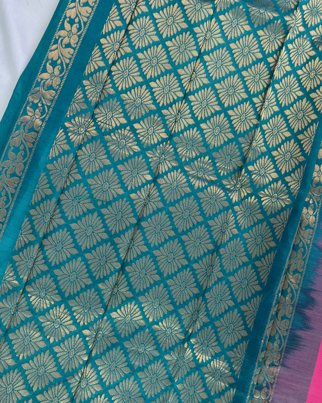 Two Side Border Gadwal Handloom Cotton Saree with Komali Pink Colour & Rich Pallu