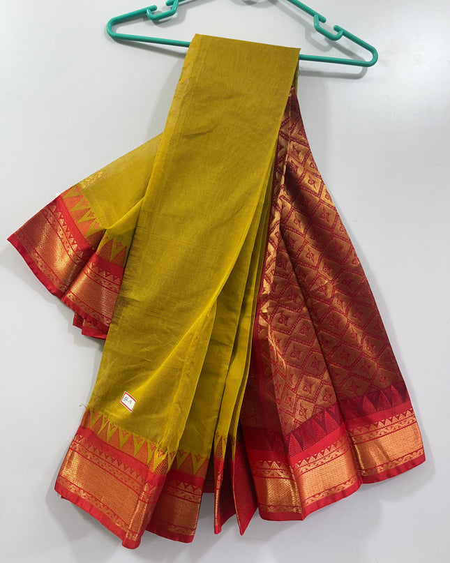 Two Side Border Gadwal Handloom Cotton Saree with Dark Yellow Colour & Rich Pallu