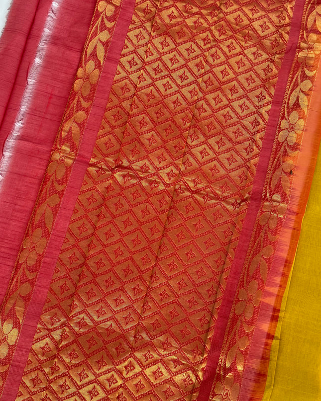 Two Side Border Gadwal Handloom Cotton Saree with Dark Yellow Colour & Rich Pallu