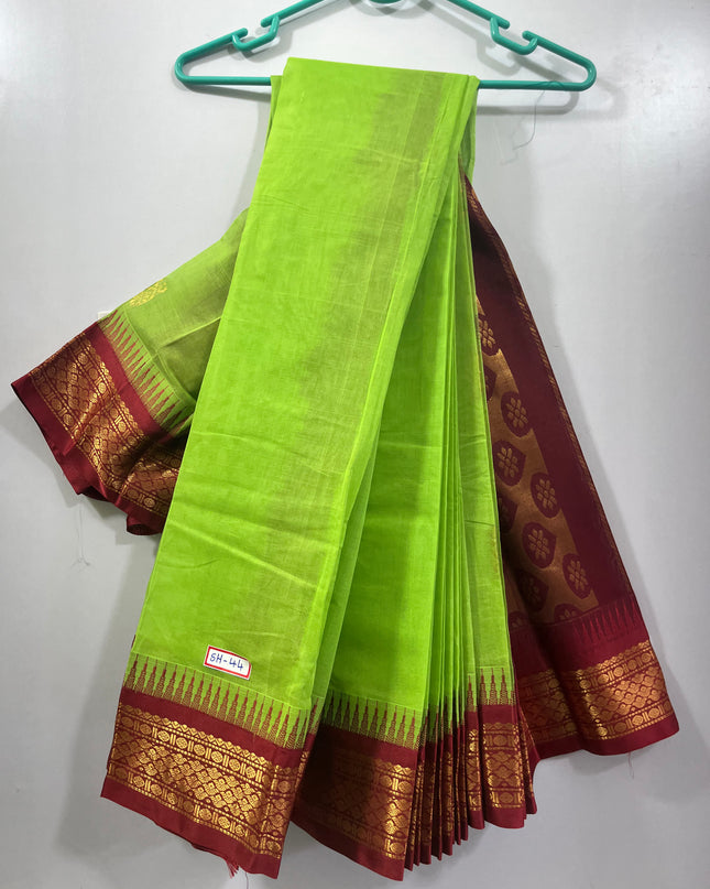 Two Side Border Gadwal Handloom Cotton Saree with Parrot Green Colour & Rich Pallu