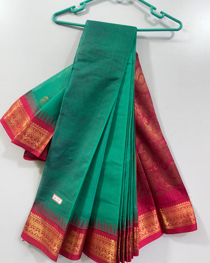 Two Side Border Gadwal Handloom Cotton Saree with Emrold Green Colour & Rich Pallu