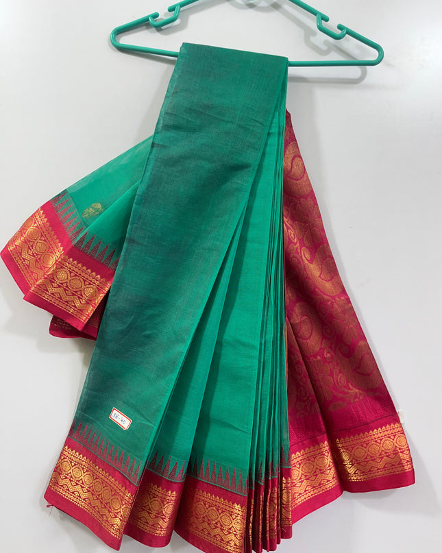 Two Side Border Gadwal Handloom Cotton Saree with Emrold Green Colour & Rich Pallu