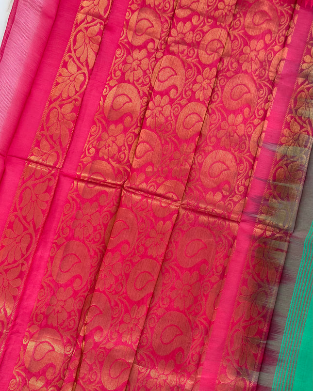 Two Side Border Gadwal Handloom Cotton Saree with Emrold Green Colour & Rich Pallu