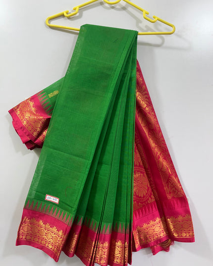 Two Side Border Gadwal Handloom Cotton Saree with Green Colour & Pink border Rich Pallu