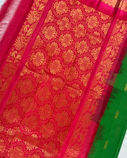Two Side Border Gadwal Handloom Cotton Saree with Green Colour & Pink border Rich Pallu