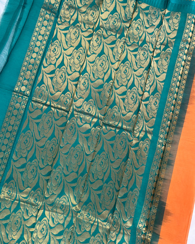 Two Side Border Gadwal Handloom Cotton Saree with Orange Colour & Rich Pallu