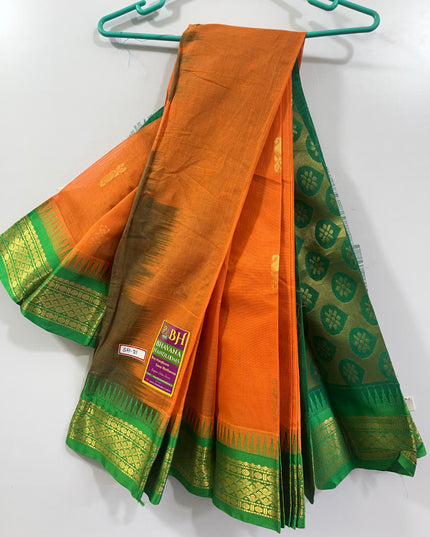 Two Side Border Gadwal Handloom Cotton Saree with Orange Colour & Rich Pallu