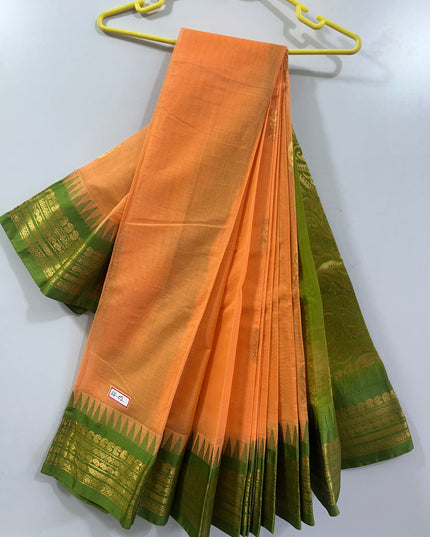 Two Side Border Gadwal Handloom Cotton Saree with Orange Colour & Rich Pallu
