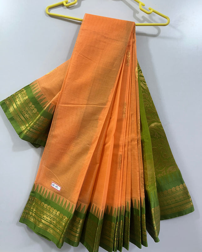 Two Side Border Gadwal Handloom Cotton Saree with Orange Colour & Rich Pallu