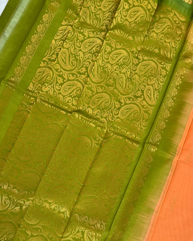Two Side Border Gadwal Handloom Cotton Saree with Orange Colour & Rich Pallu