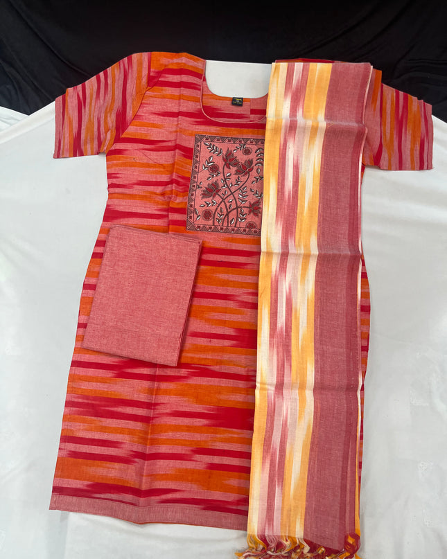 Cotton Readymade Straightcut Kurti Set with Ikkath Design