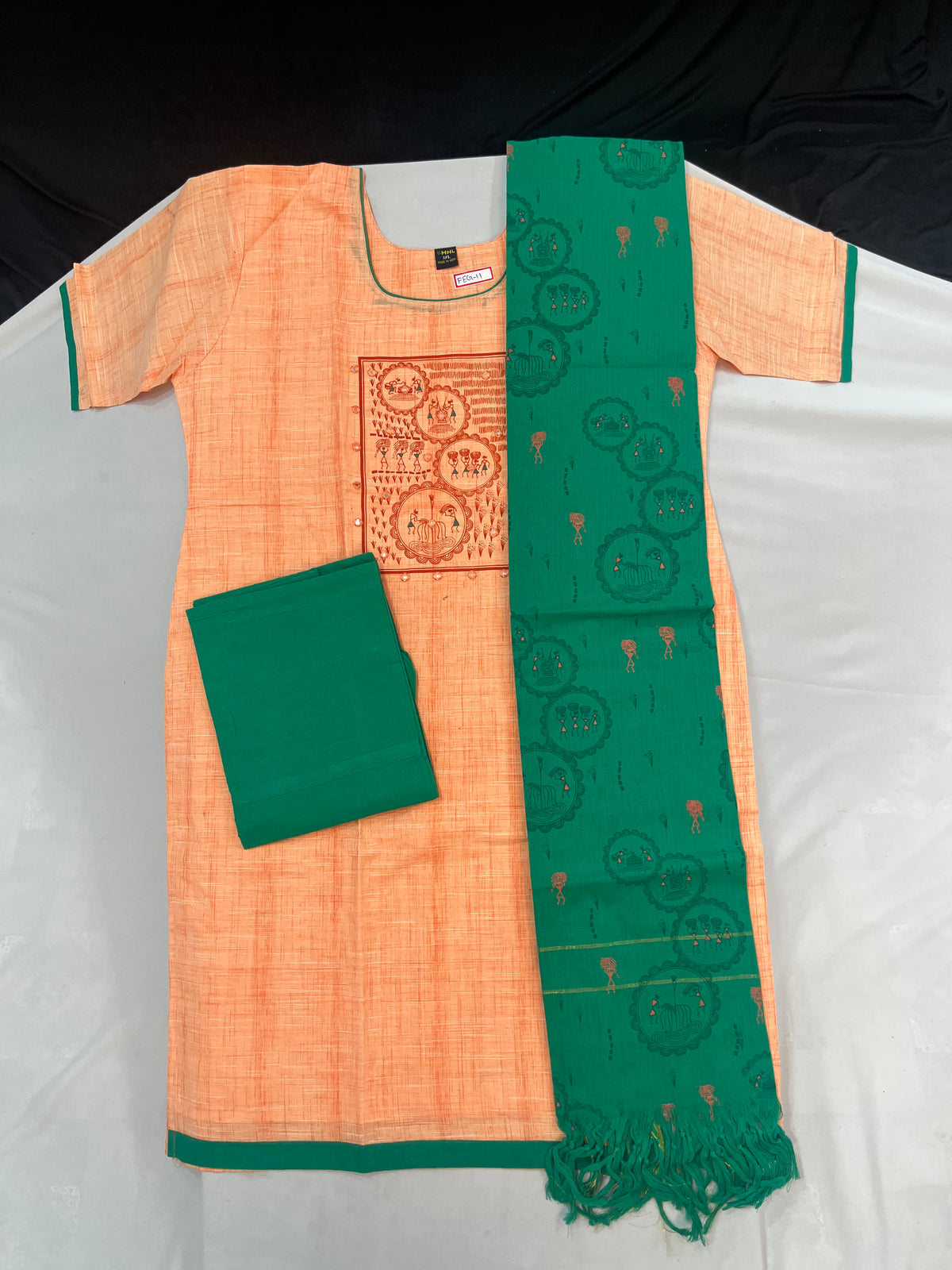 Cotton Readymade Straightcut Kurti Set with Peach Colour