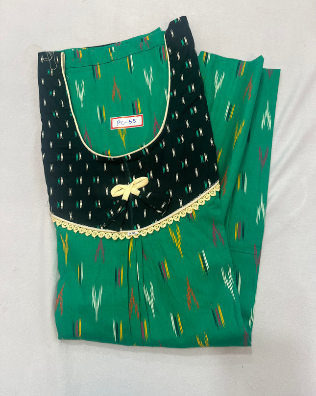 Lux Green & Dark green colour Ikkath design printed Round  neck cotton nighty for ladies nightwear women night gown