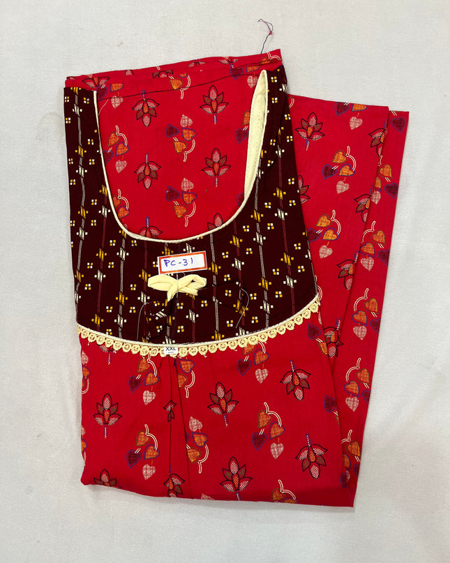 Pink & Maroon colour Floral design printed Round neck cotton nighty for ladies nightwear women night gown