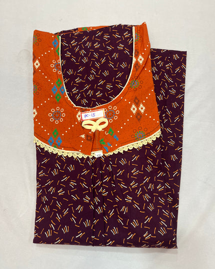 Orange & Maroon colour Floral design printed Round neck cotton nighty for ladies nightwear women night gown