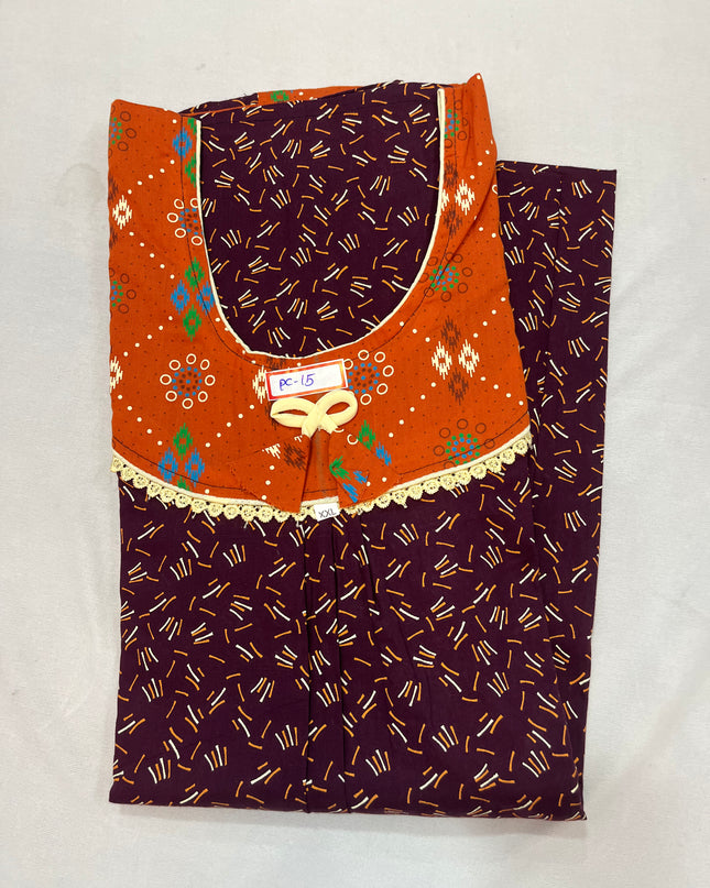 Orange & Maroon colour Floral design printed Round neck cotton nighty for ladies nightwear women night gown