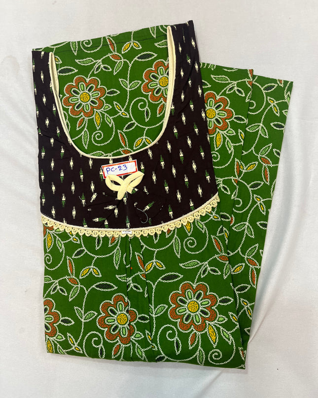 Green & Chocolate colour Floral design printed Round neck cotton nighty for ladies nightwear women night gown