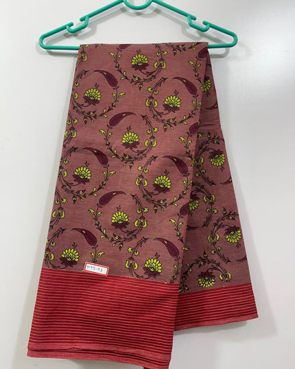 Handloom Printed cotton saree with Rouge colour with blouse
