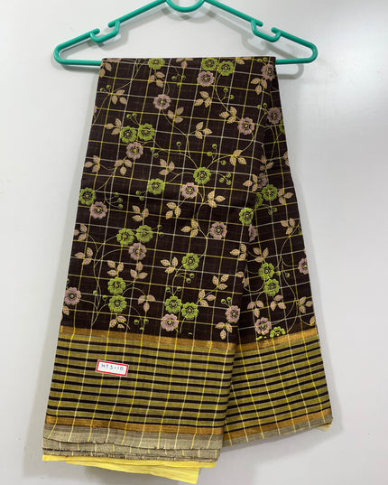 Handloom Printed cotton saree with Chocolate colour with blouse