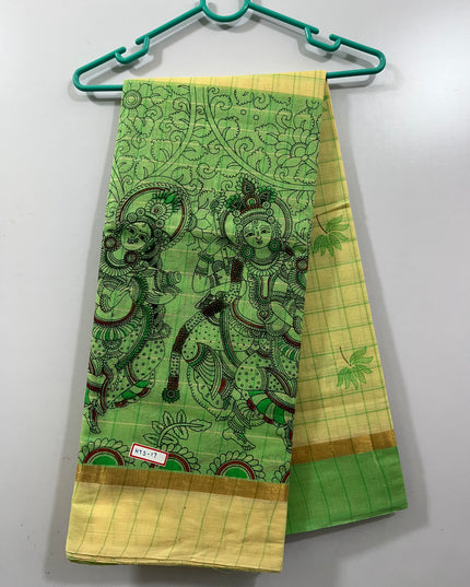 Handloom Printed cotton saree with Lemon Green colour with blouse