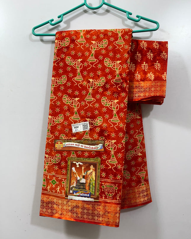 Karishma Cotton Saree with Orange Colour With Thread Border