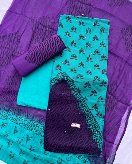 Mirror Work Kota Dress Material – Sea Blue with Lining | Georgette Dupatta & Cotton Bottom | Festive & Party Wear Fabric Set