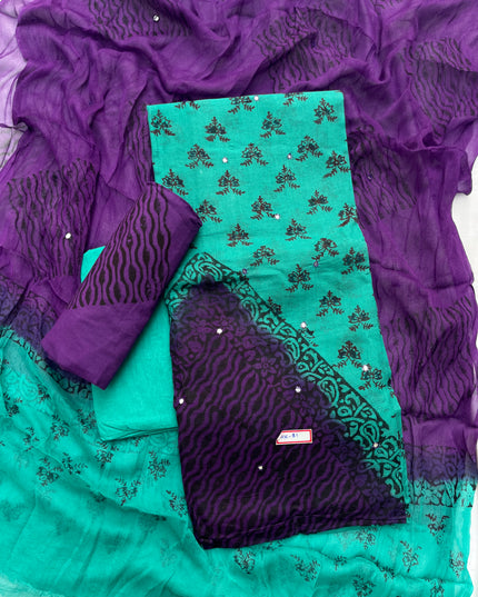 Mirror Work Kota Dress Material – Sea Blue with Lining | Georgette Dupatta & Cotton Bottom | Festive & Party Wear Fabric Set