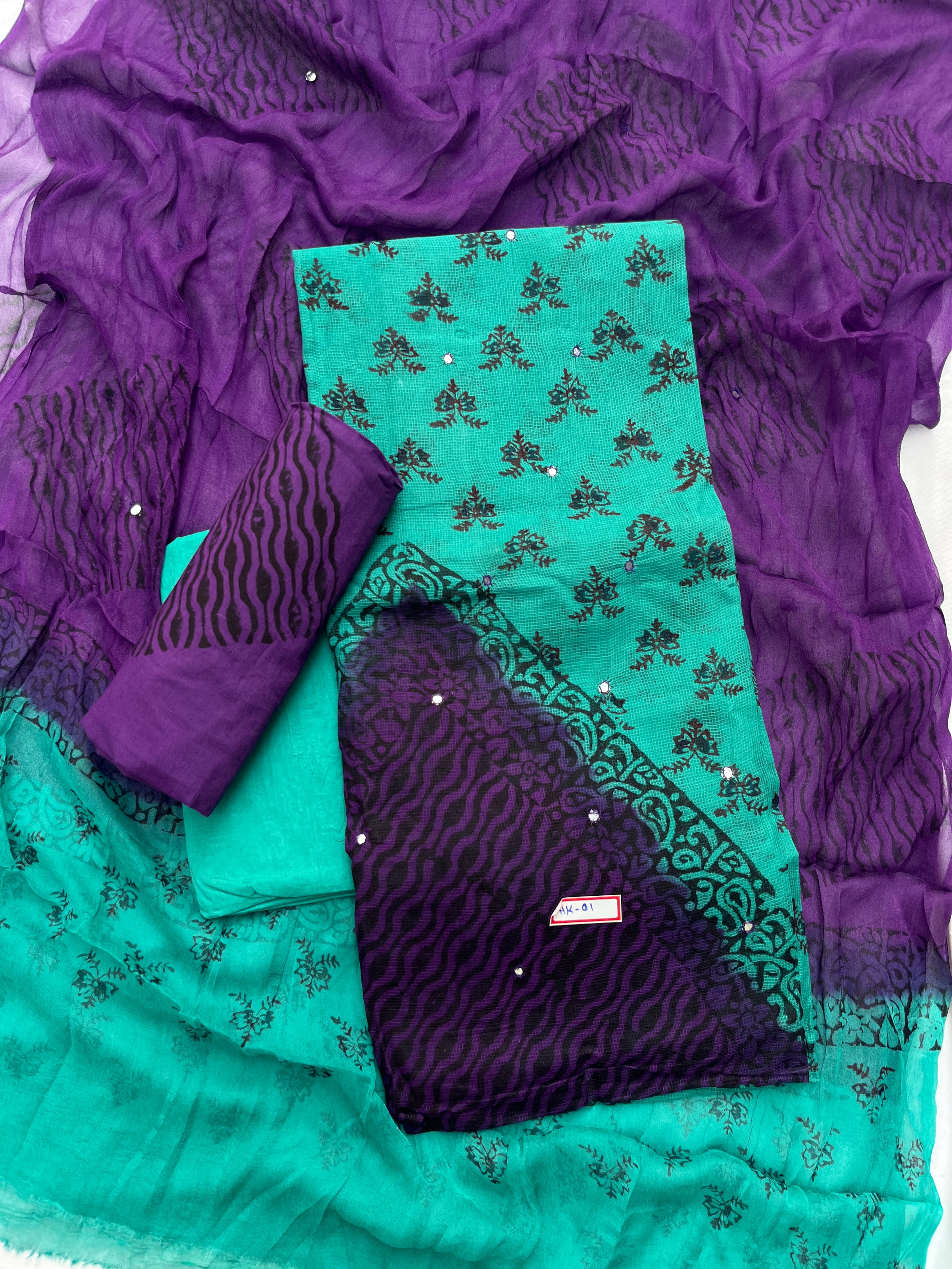 Mirror Work Kota Dress Material – Sea Blue with Lining | Georgette Dupatta & Cotton Bottom | Festive & Party Wear Fabric Set