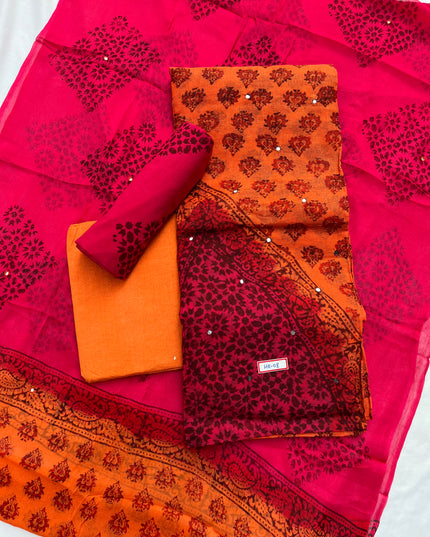 Mirror Work Kota Dress Material – Orange with Lining | Georgette Dupatta & Cotton Bottom | Festive & Party Wear Fabric Set