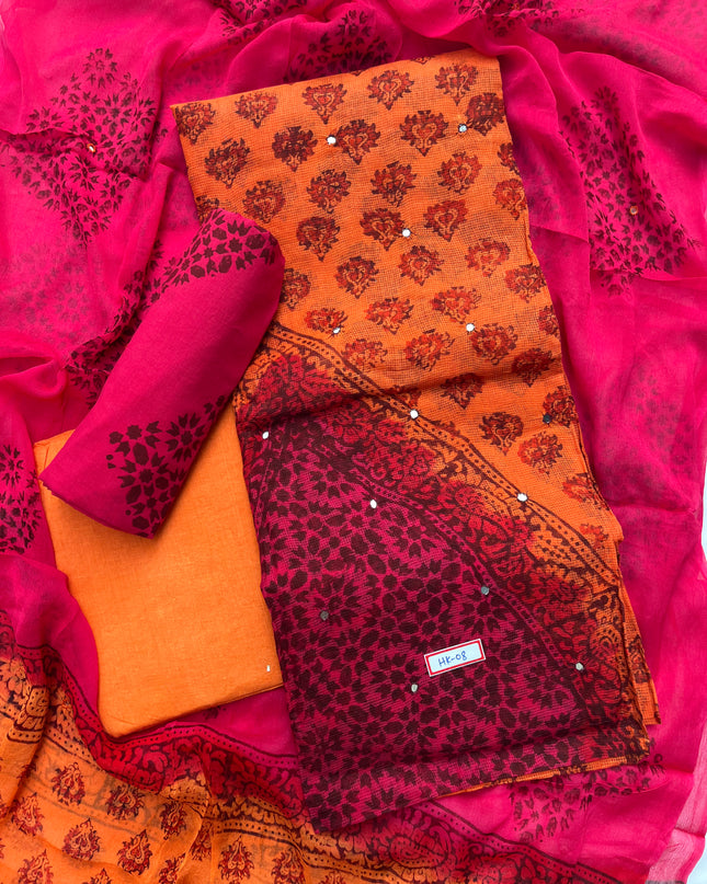 Mirror Work Kota Dress Material – Orange with Lining | Georgette Dupatta & Cotton Bottom | Festive & Party Wear Fabric Set