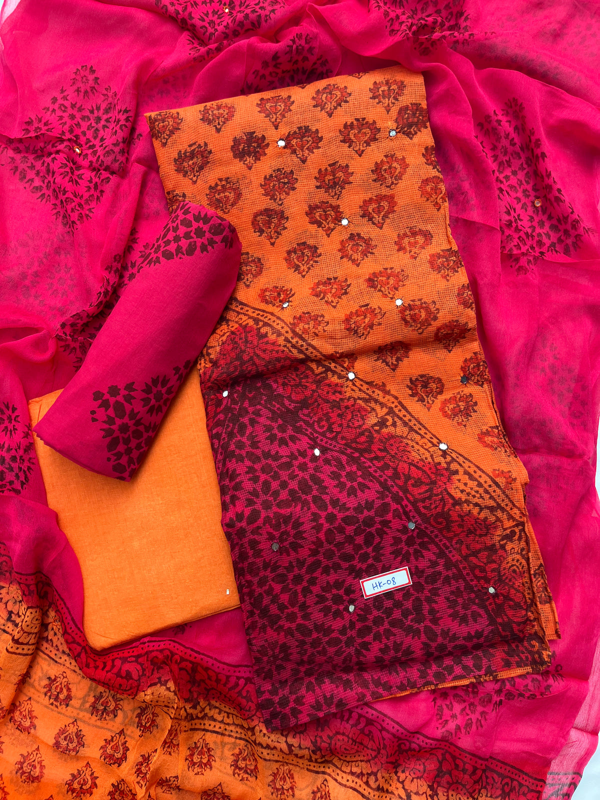 Mirror Work Kota Dress Material – Orange with Lining | Georgette Dupatta & Cotton Bottom | Festive & Party Wear Fabric Set