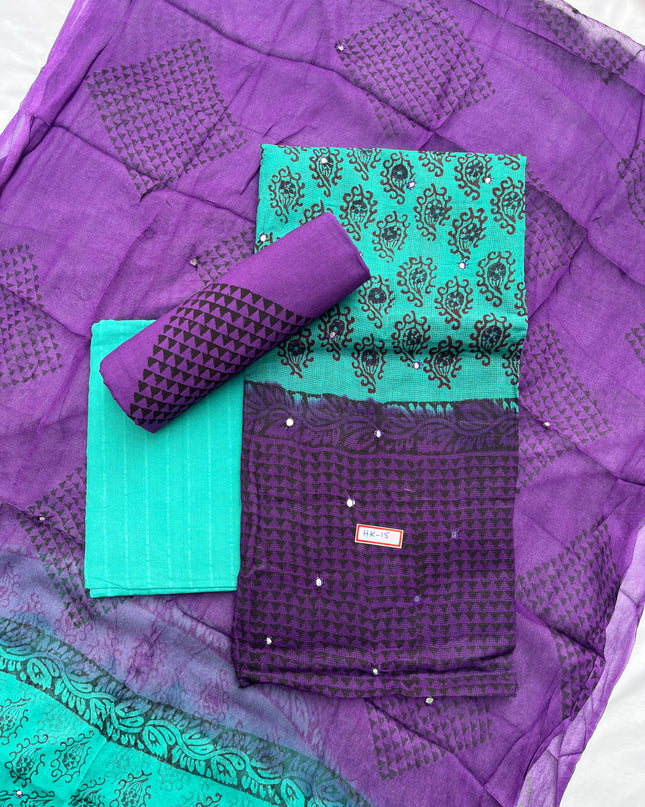 Mirror Work Kota Dress Material – Sea Blue with Lining | Georgette Dupatta & Cotton Bottom | Festive & Party Wear Fabric Set